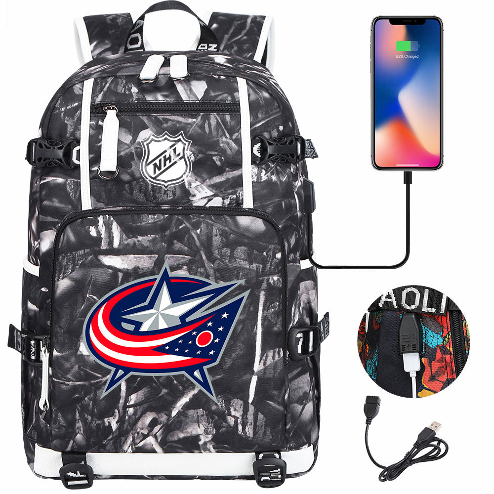 Columbus Blue Jackets Hockey League USB Charging Backpack School Notebook Travel Bags