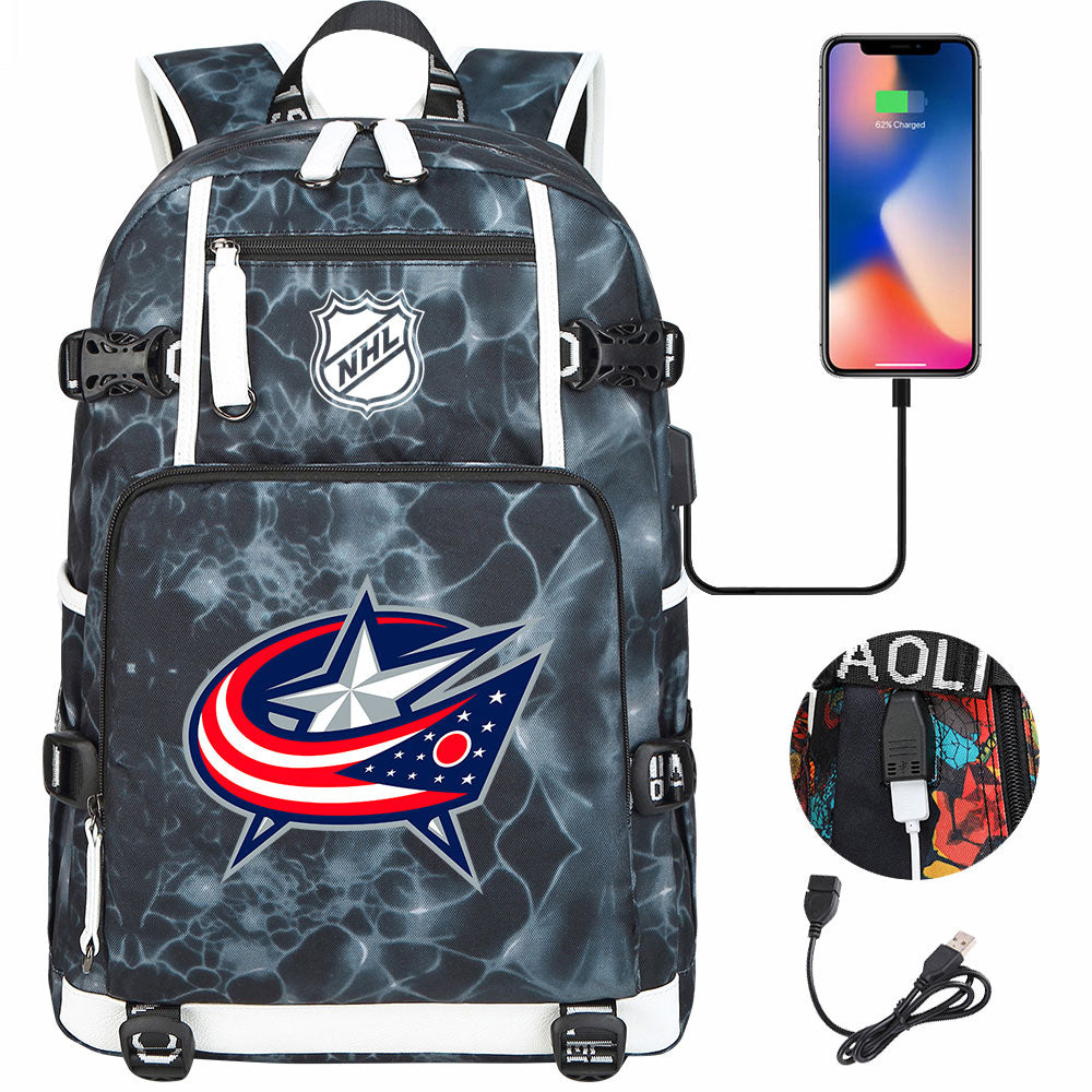 Columbus Blue Jackets Hockey League USB Charging Backpack School Notebook Travel Bags