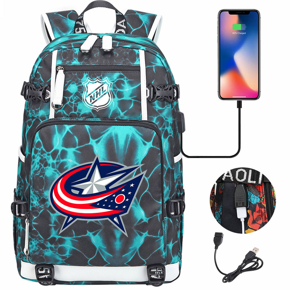 Columbus Blue Jackets Hockey League USB Charging Backpack School Notebook Travel Bags