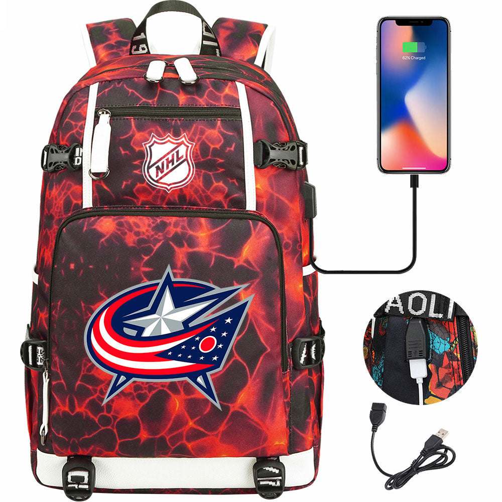 Columbus Blue Jackets Hockey League USB Charging Backpack School Notebook Travel Bags