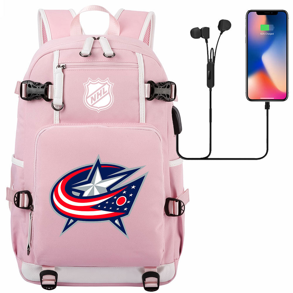 Columbus Blue Jackets Hockey League USB Charging Backpack School Notebook Travel Bags