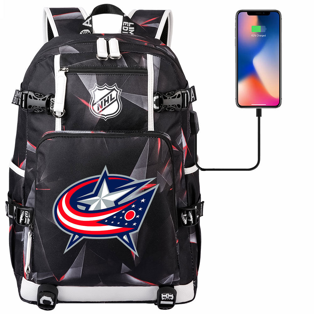 Columbus Blue Jackets Hockey League USB Charging Backpack School Notebook Travel Bags