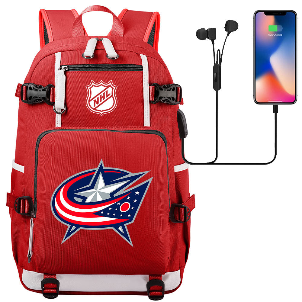 Columbus Blue Jackets Hockey League USB Charging Backpack School Notebook Travel Bags