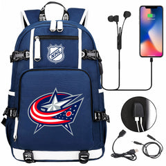 Columbus Blue Jackets Hockey League USB Charging Backpack School Notebook Travel Bags