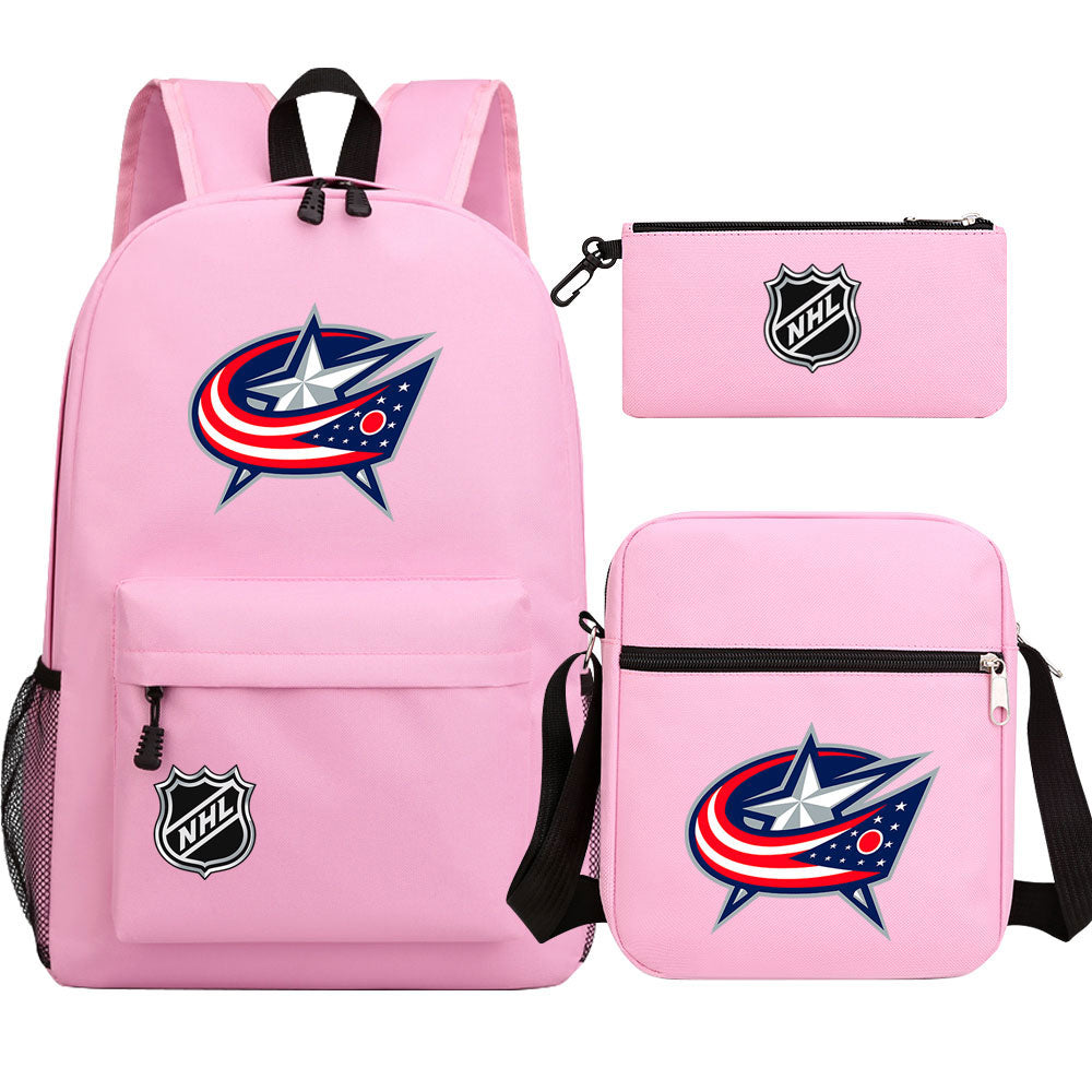 Columbus Blue Jackets Hockey League Printed Schoolbag Backpack Shoulder Bag Pencil Bag 3pcs set for Kids Students