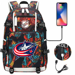 Columbus Blue Jackets Hockey League USB Charging Backpack School Notebook Travel Bags