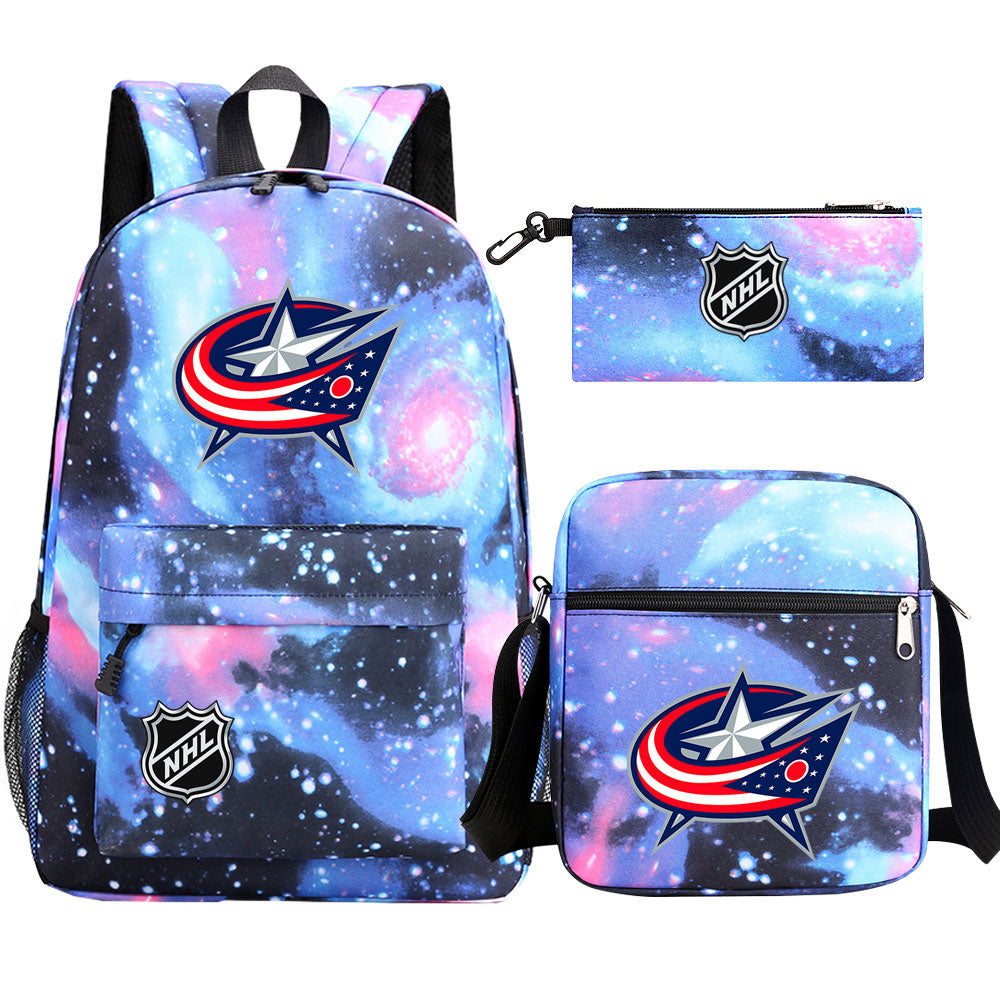 Columbus Blue Jackets Hockey League Printed Schoolbag Backpack Shoulder Bag Pencil Bag 3pcs set for Kids Students