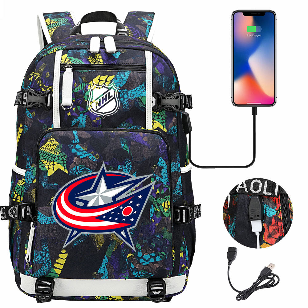 Columbus Blue Jackets Hockey League USB Charging Backpack School Notebook Travel Bags