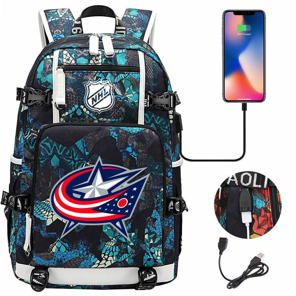 Columbus Blue Jackets Hockey League USB Charging Backpack School Notebook Travel Bags