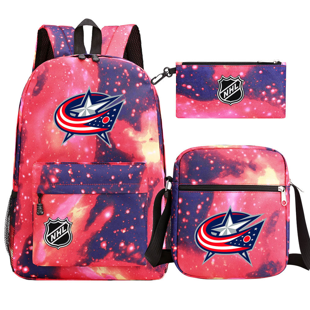 Columbus Blue Jackets Hockey League Printed Schoolbag Backpack Shoulder Bag Pencil Bag 3pcs set for Kids Students