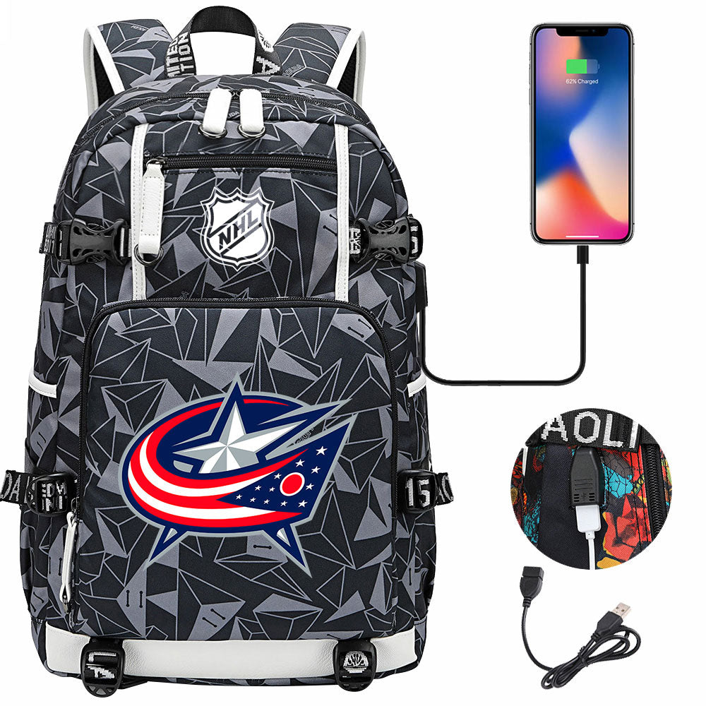 Columbus Blue Jackets Hockey League USB Charging Backpack School Notebook Travel Bags