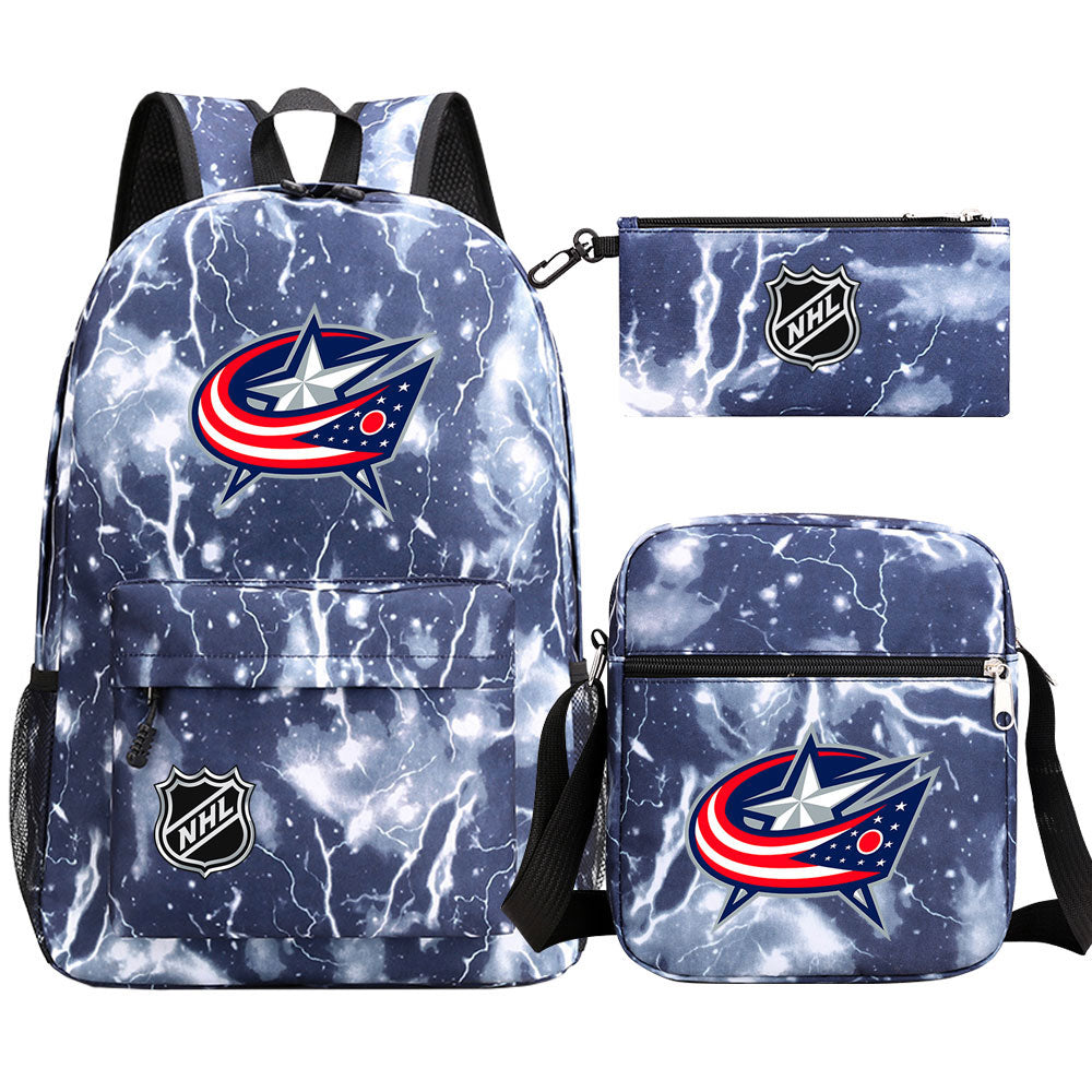 Columbus Blue Jackets Hockey League Printed Schoolbag Backpack Shoulder Bag Pencil Bag 3pcs set for Kids Students