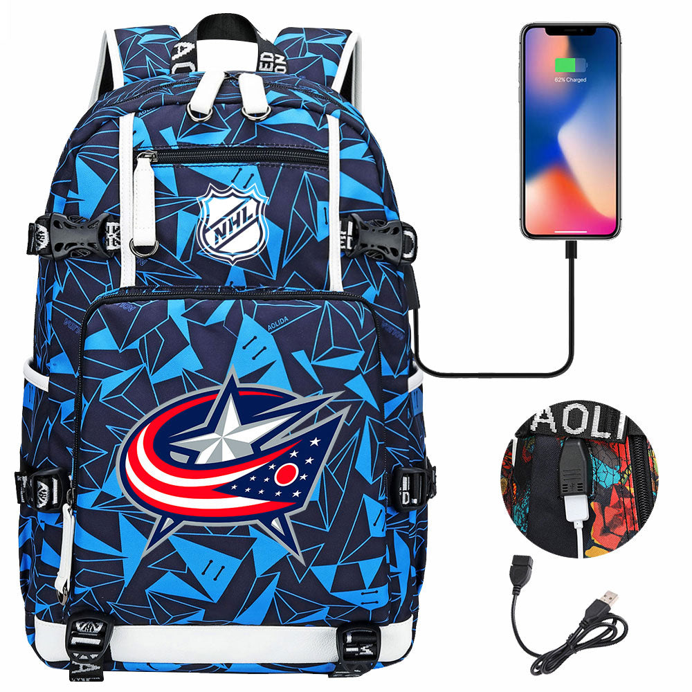 Columbus Blue Jackets Hockey League USB Charging Backpack School Notebook Travel Bags