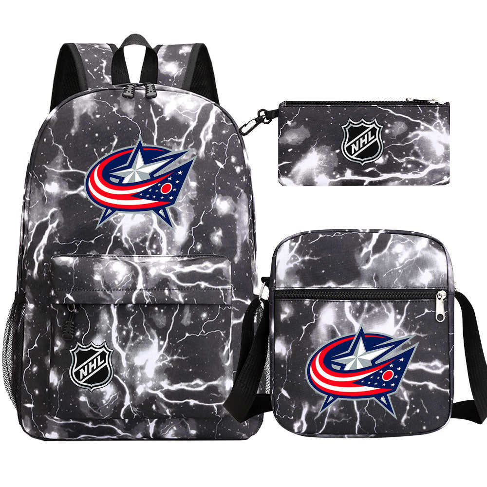 Columbus Blue Jackets Hockey League Printed Schoolbag Backpack Shoulder Bag Pencil Bag 3pcs set for Kids Students