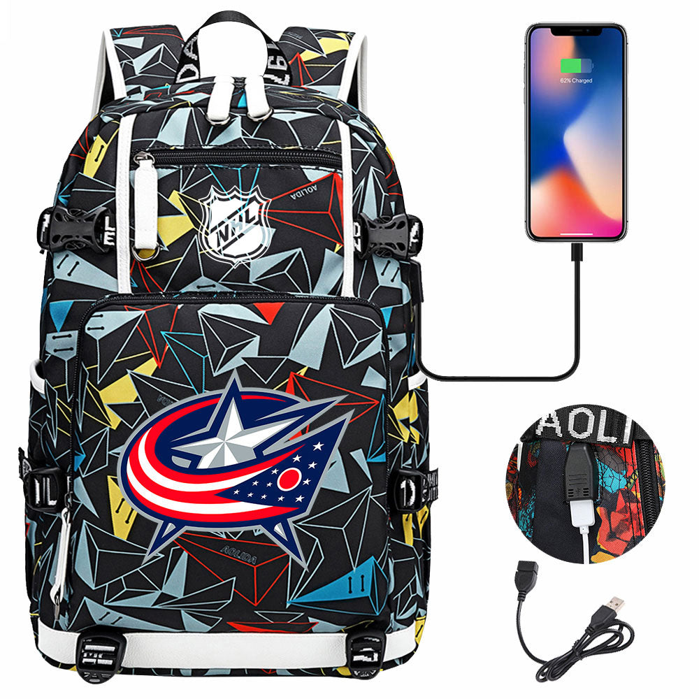 Columbus Blue Jackets Hockey League USB Charging Backpack School Notebook Travel Bags