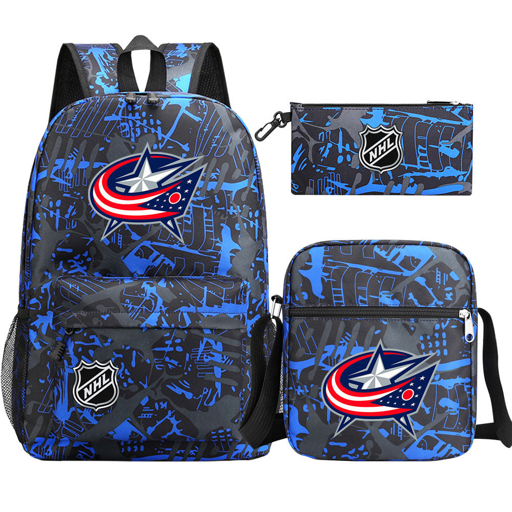 Columbus Blue Jackets Hockey League Printed Schoolbag Backpack Shoulder Bag Pencil Bag 3pcs set for Kids Students