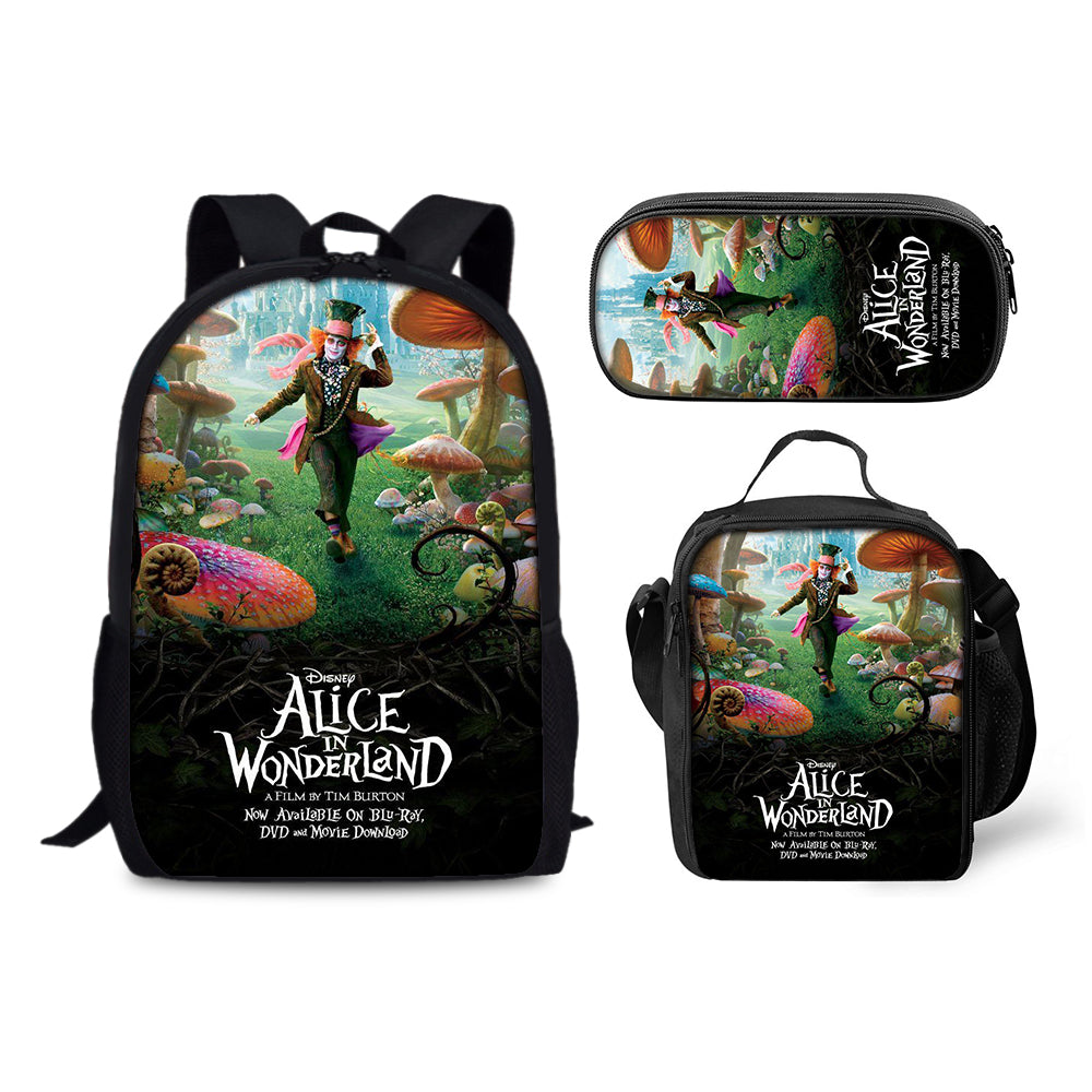 Alice Adventures in Wonderland Backpack Schoolbag Lunch Bag Pencil Bag for Kids Students 3PCS