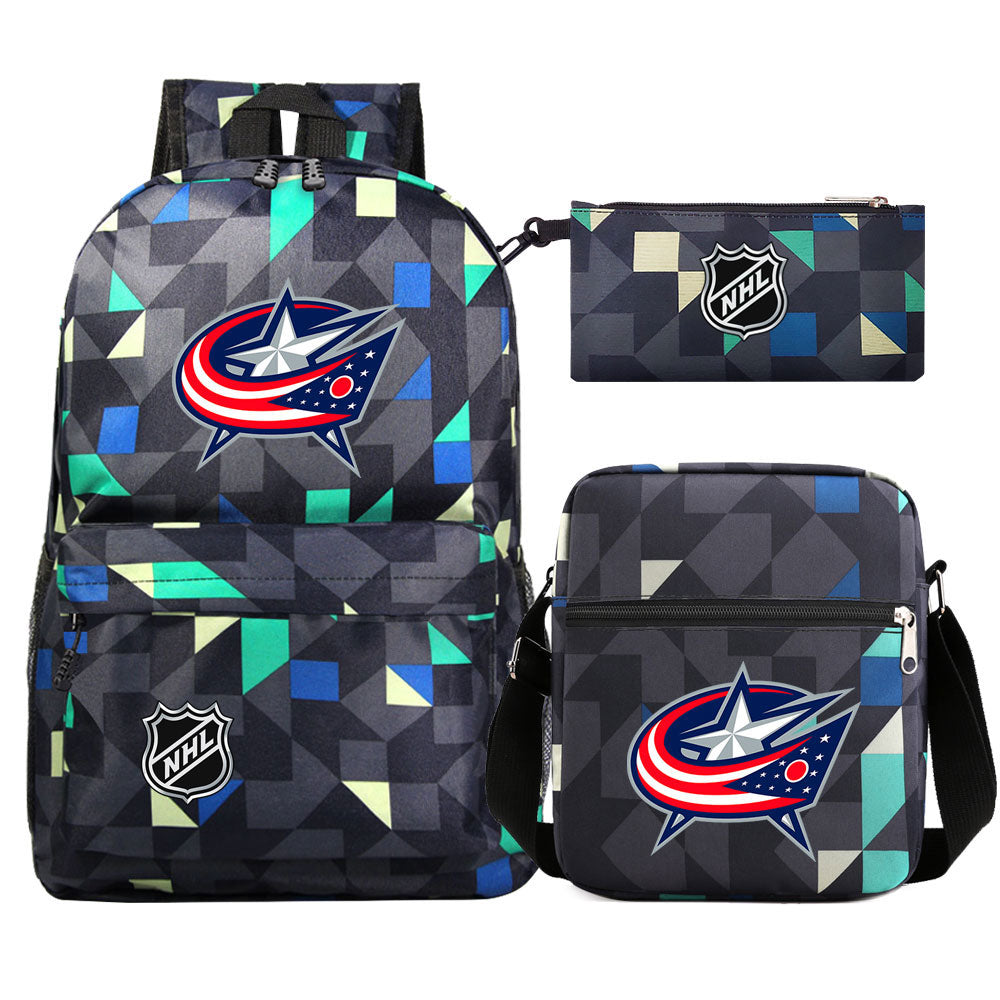 Columbus Blue Jackets Hockey League Printed Schoolbag Backpack Shoulder Bag Pencil Bag 3pcs set for Kids Students