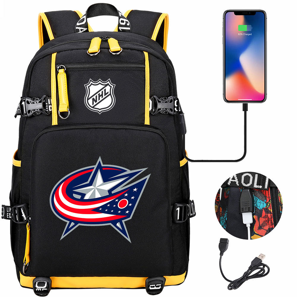 Columbus Blue Jackets Hockey League USB Charging Backpack School Notebook Travel Bags