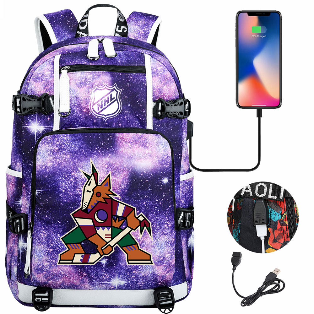 Arizona Coyotes Hockey League USB Charging Backpack School Notebook Travel Bags