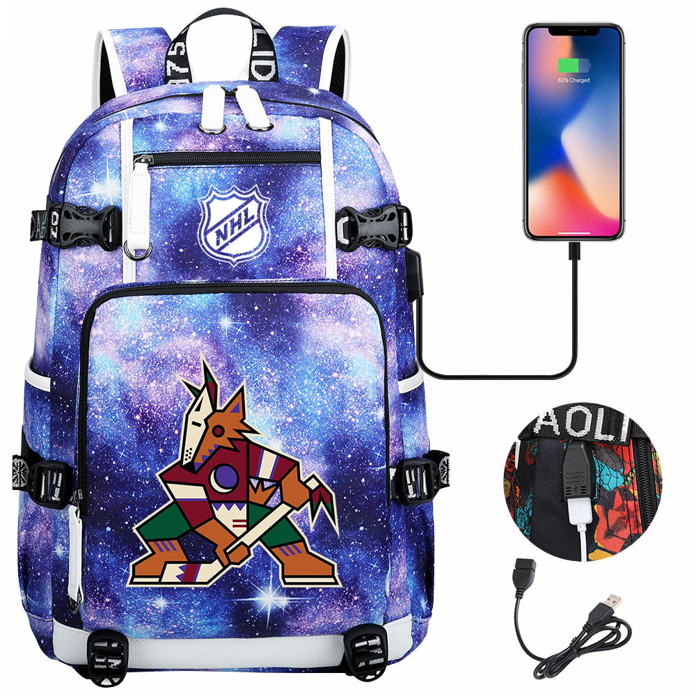 Arizona Coyotes Hockey League USB Charging Backpack School Notebook Travel Bags