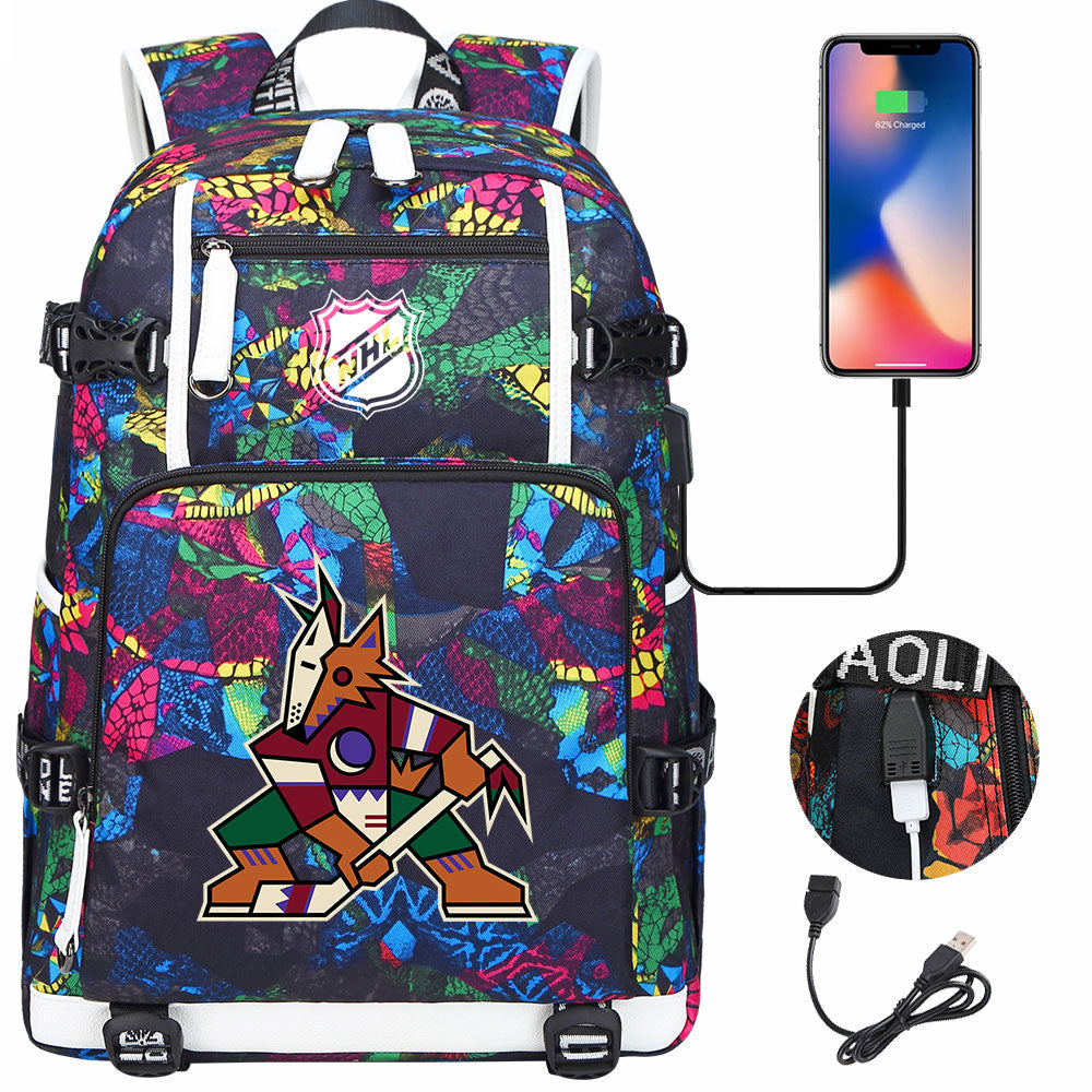 Arizona Coyotes Hockey League USB Charging Backpack School Notebook Travel Bags