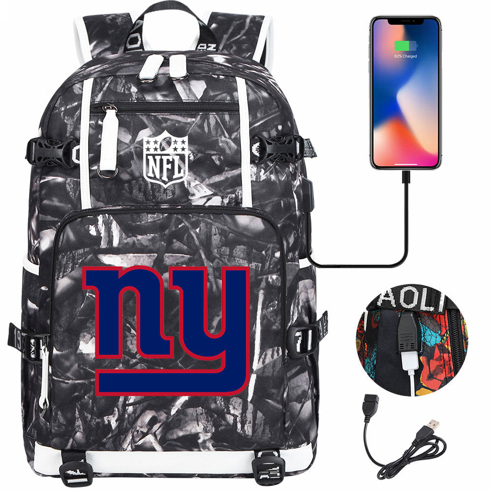 New York Giants Football Team USB Charging Backpack School Notebook Travel Bags