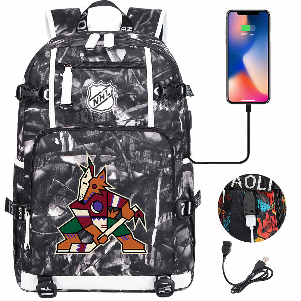 Arizona Coyotes Hockey League USB Charging Backpack School Notebook Travel Bags