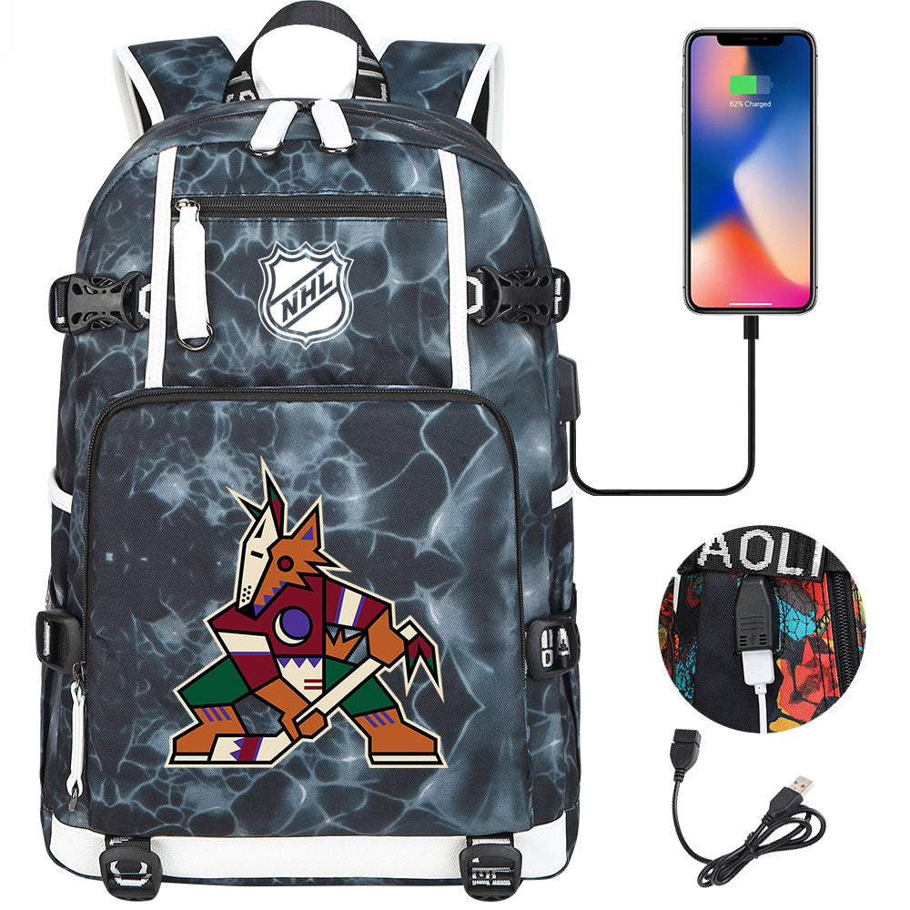 Arizona Coyotes Hockey League USB Charging Backpack School Notebook Travel Bags