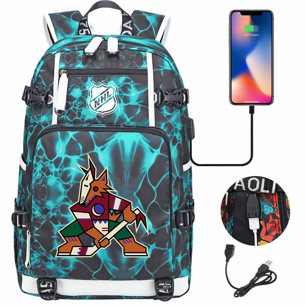 Arizona Coyotes Hockey League USB Charging Backpack School Notebook Travel Bags