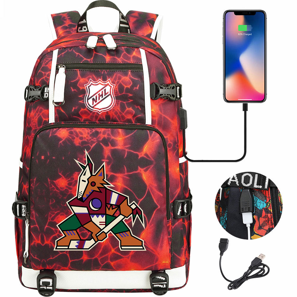 Arizona Coyotes Hockey League USB Charging Backpack School Notebook Travel Bags