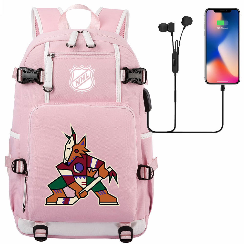 Arizona Coyotes Hockey League USB Charging Backpack School Notebook Travel Bags