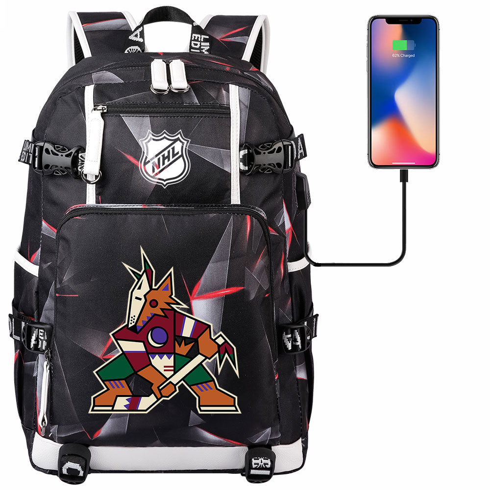 Arizona Coyotes Hockey League USB Charging Backpack School Notebook Travel Bags