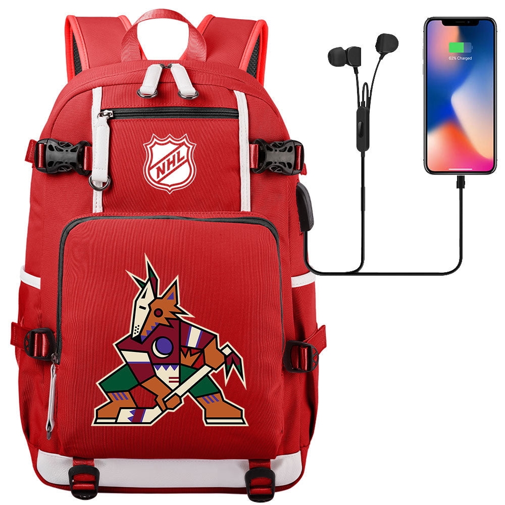 Arizona Coyotes Hockey League USB Charging Backpack School Notebook Travel Bags