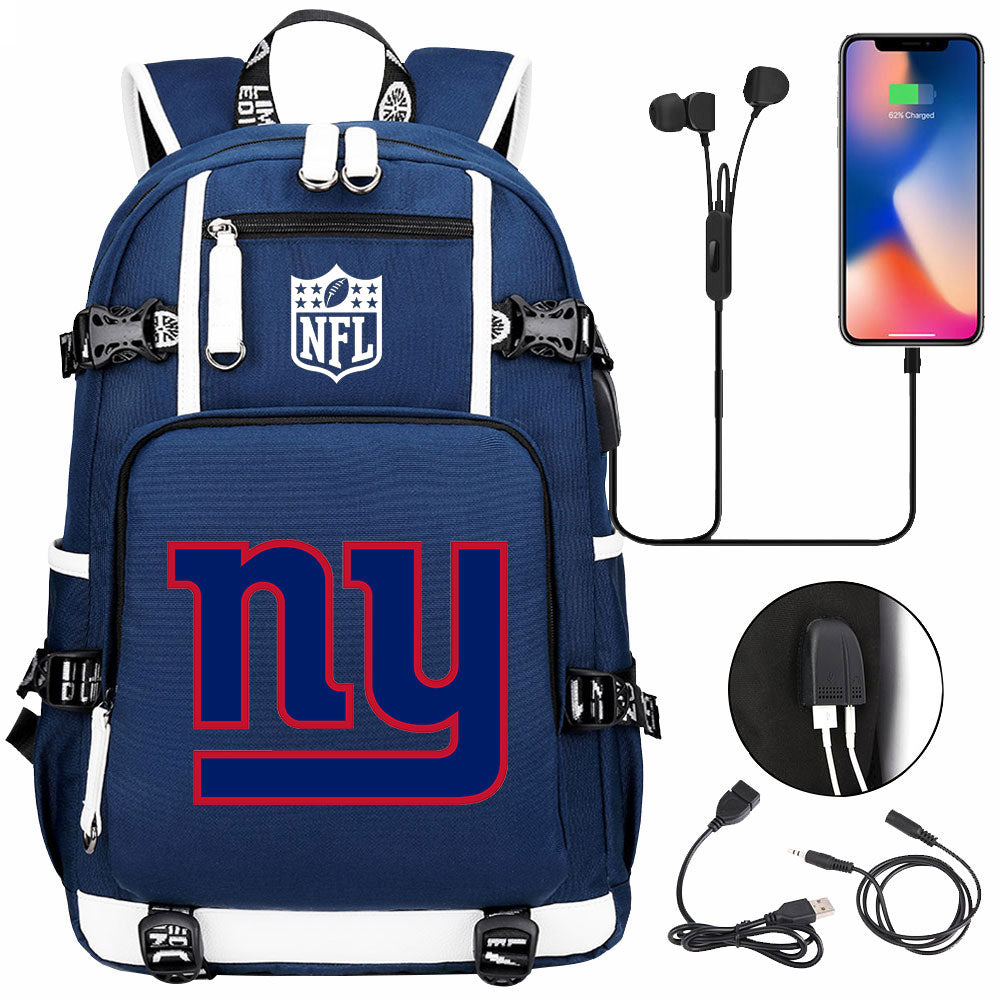 New York Giants Football Team USB Charging Backpack School Notebook Travel Bags