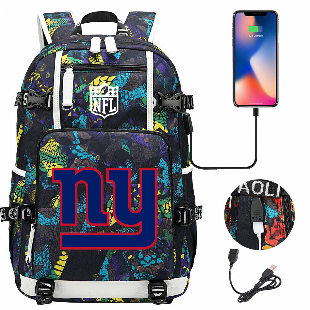 New York Giants Football Team USB Charging Backpack School Notebook Travel Bags