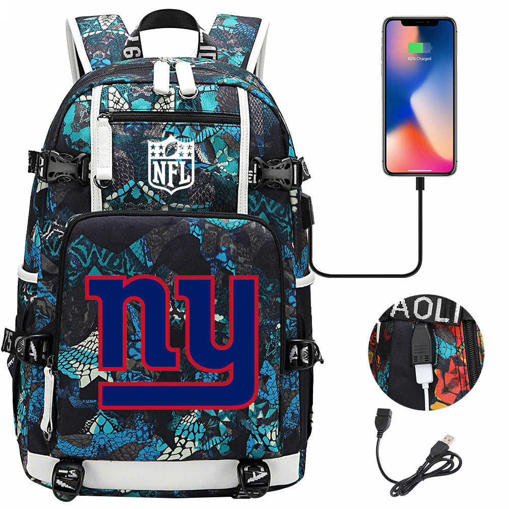 New York Giants Football Team USB Charging Backpack School Notebook Travel Bags