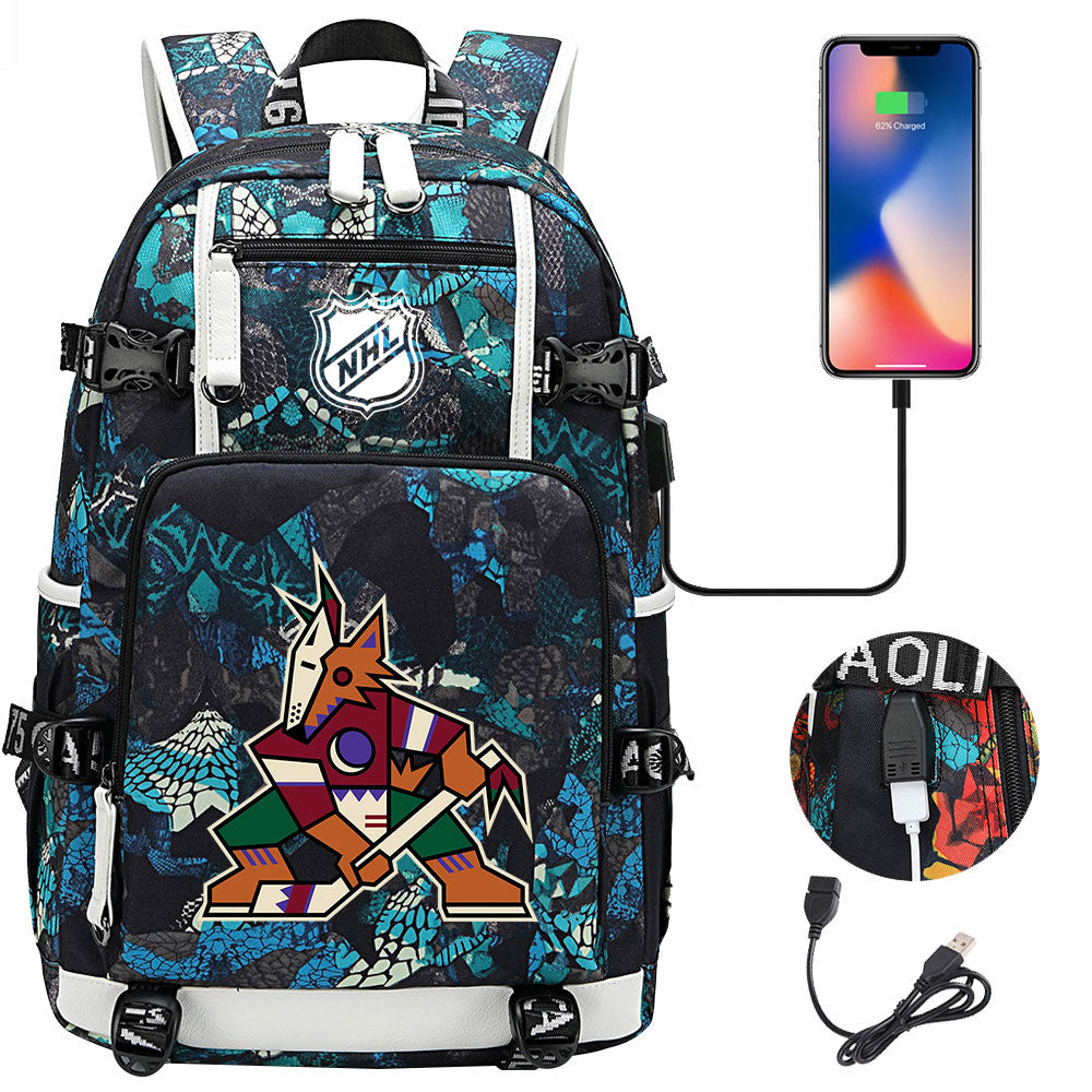 Arizona Coyotes Hockey League USB Charging Backpack School Notebook Travel Bags