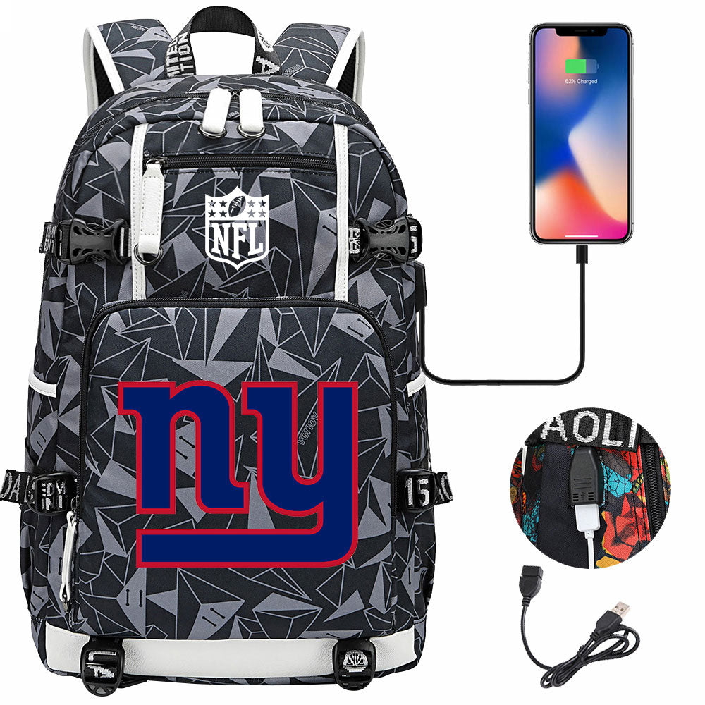 New York Giants Football Team USB Charging Backpack School Notebook Travel Bags