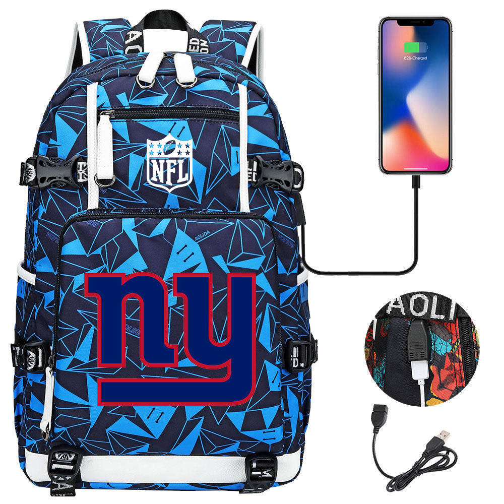 New York Giants Football Team USB Charging Backpack School Notebook Travel Bags