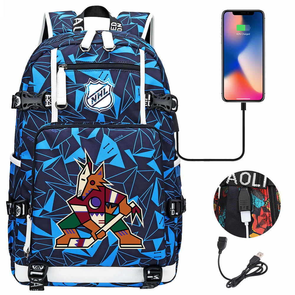 Arizona Coyotes Hockey League USB Charging Backpack School Notebook Travel Bags