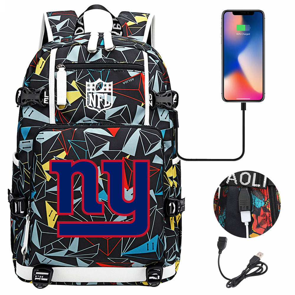 New York Giants Football Team USB Charging Backpack School Notebook Travel Bags