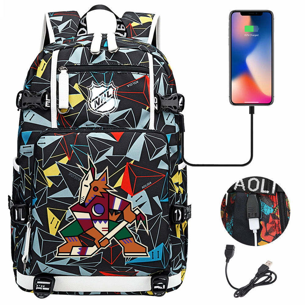 Arizona Coyotes Hockey League USB Charging Backpack School Notebook Travel Bags