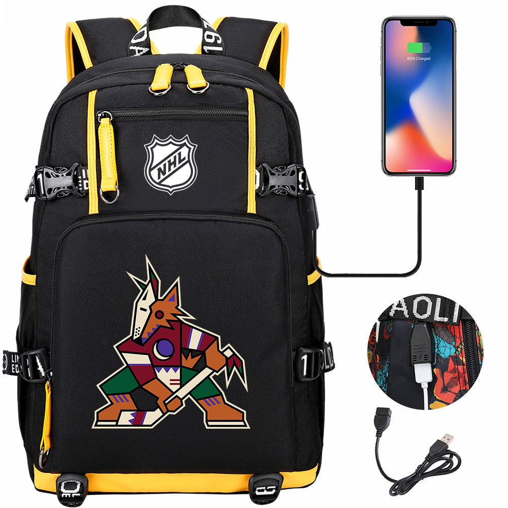 Arizona Coyotes Hockey League USB Charging Backpack School Notebook Travel Bags