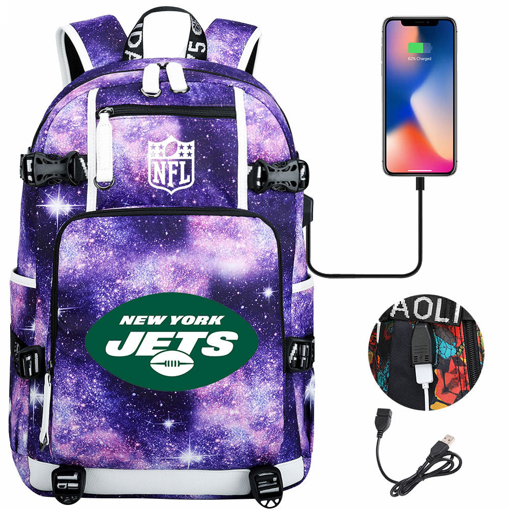 New York Jets Football Team USB Charging Backpack School Notebook Travel Bags