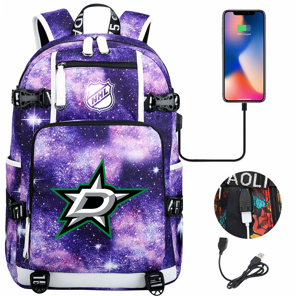 Dallas Stars Hockey League USB Charging Backpack School Notebook Travel Bags