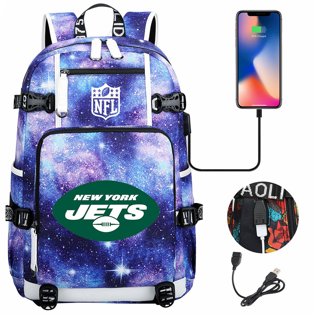 New York Jets Football Team USB Charging Backpack School Notebook Travel Bags