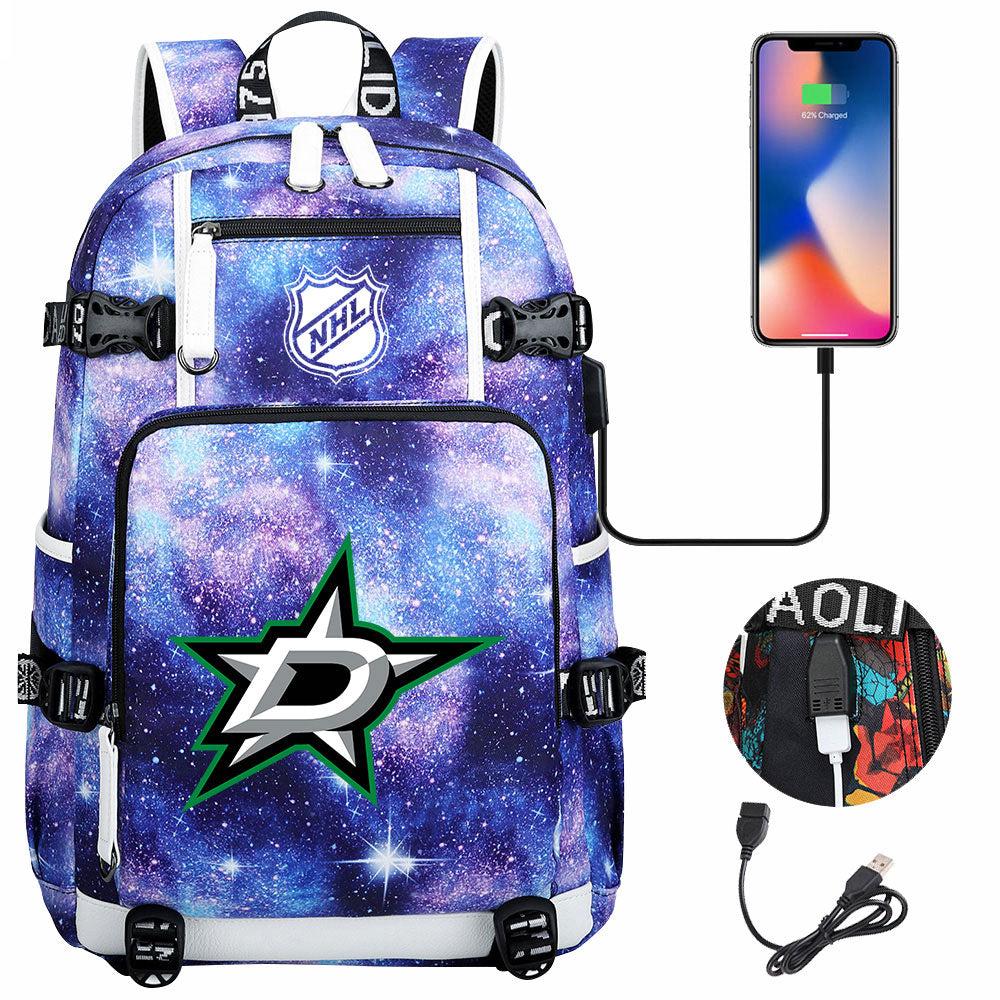 Dallas Stars Hockey League USB Charging Backpack School Notebook Travel Bags