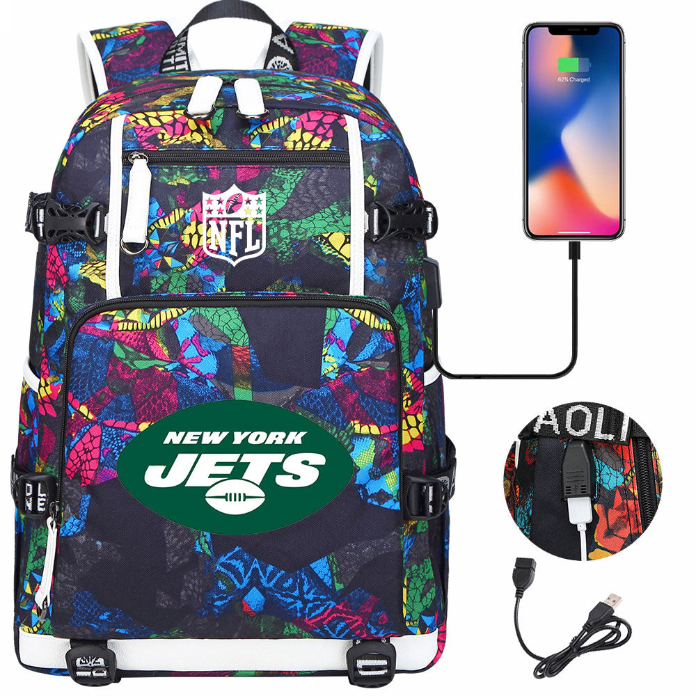 New York Jets Football Team USB Charging Backpack School Notebook Travel Bags