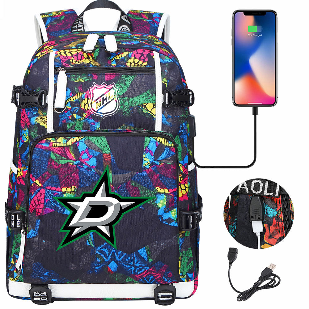 Dallas Stars Hockey League USB Charging Backpack School Notebook Travel Bags